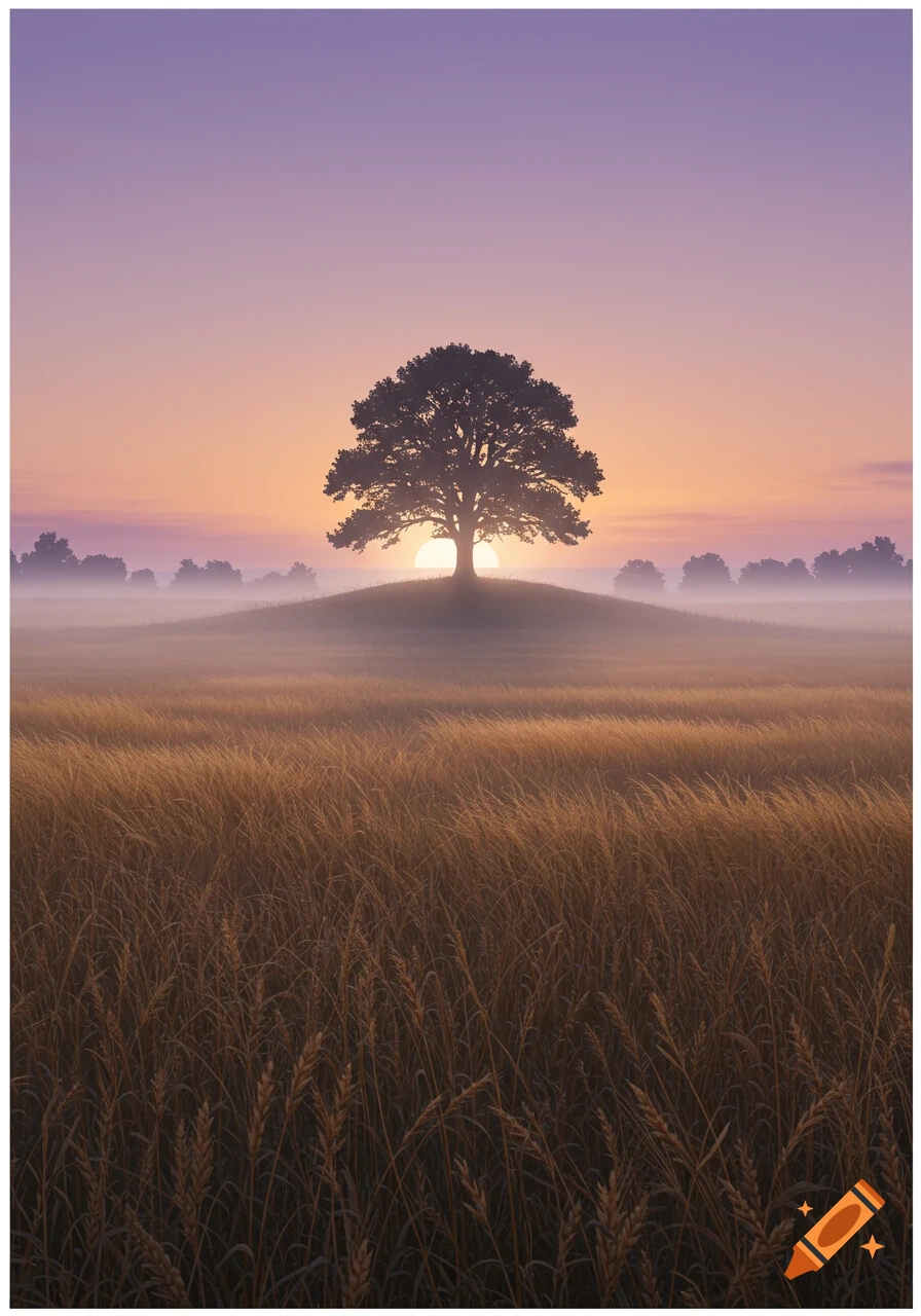 A lone tree is silhouetted on a misty hill at sunrise, surrounded by a golden field under a purple and orange sky.