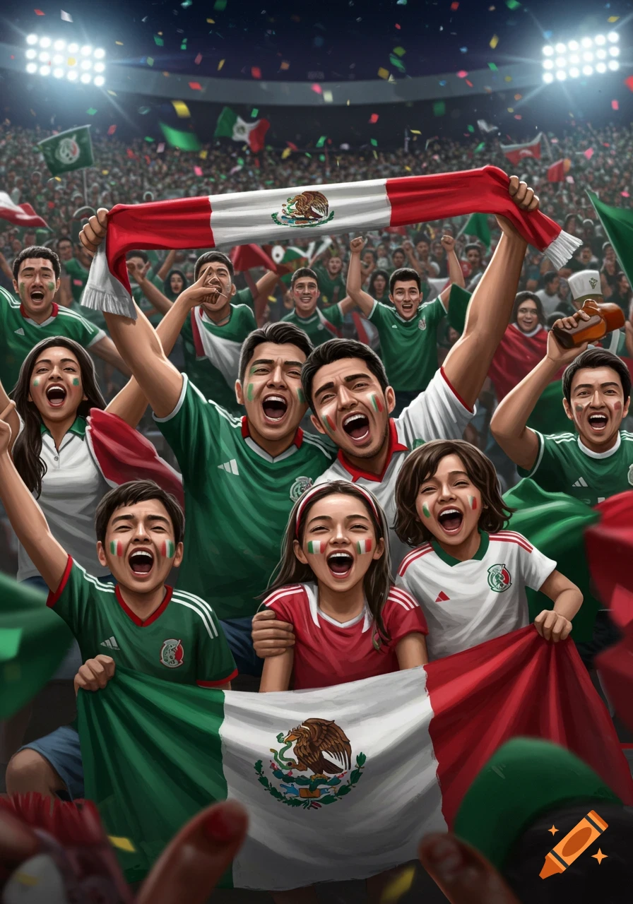 A vibrant crowd of Mexican soccer fans, including a family, cheering enthusiastically at a stadium, waving flags and wearing green jerseys.