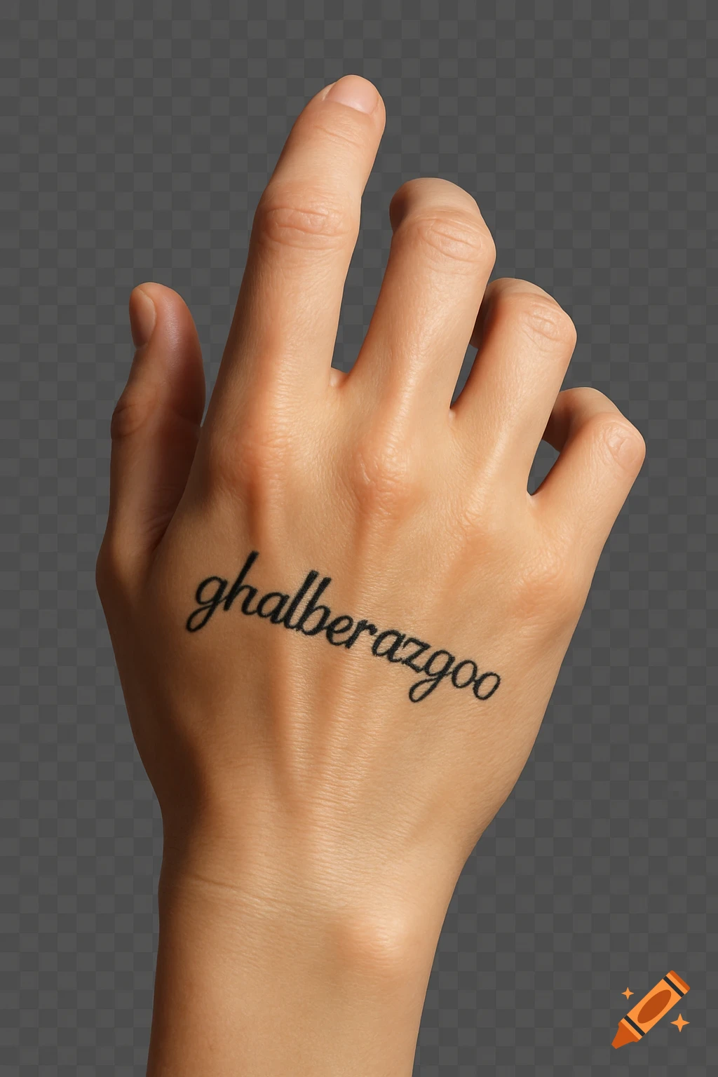 A photorealistic image of the back of a right hand with a black 'ghalberazgoo' tattoo on it, against a transparent background.