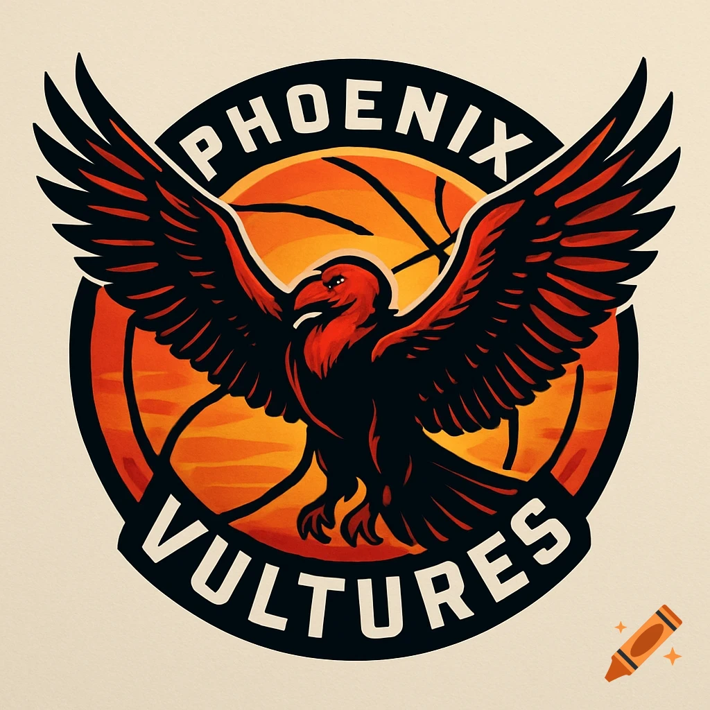 Round sports logo for Phoenix Vultures basketball team, featuring a black and red condor with spread wings over an orange basketball.