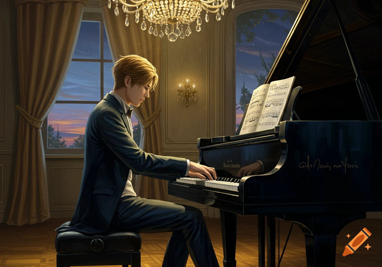 A blonde man in a dark suit plays a grand piano in a lavish room with a chandelier and large window at dusk, in an anime style.