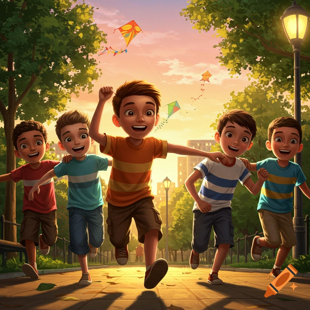 Five happy boys running and flying colorful kites in a sunny park at sunset, in a vibrant cartoon style.