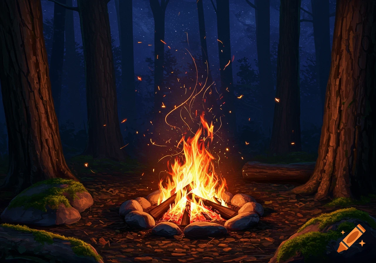 A vibrant campfire in a stone ring illuminates a dark forest at night, with embers and sparks rising.