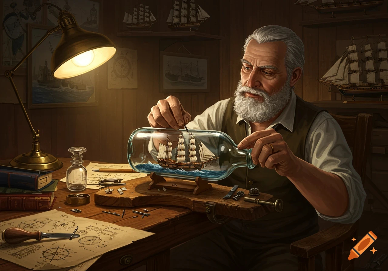 An elderly man with a white beard meticulously assembles a detailed ship in a bottle at a wooden desk with a lamp.