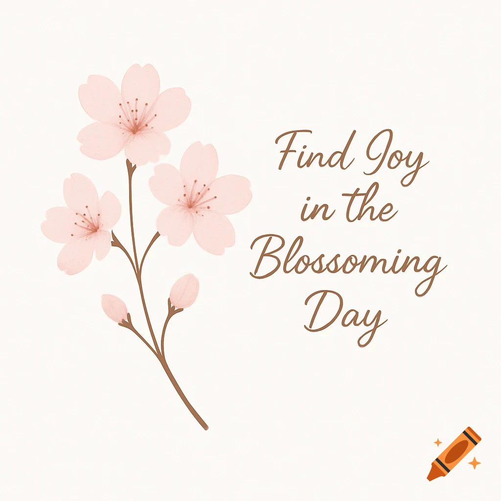 Digital illustration of a cherry blossom sprig with light pink flowers and buds, alongside the quote 'Find Joy in the Blossoming Day' in brown cursive.