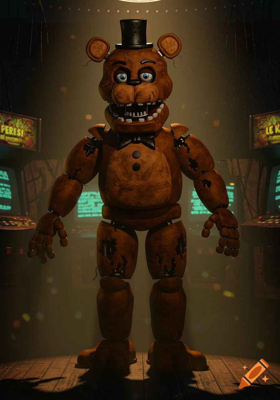 A brown animatronic bear, Freddy Fazbear, wearing a top hat and bowtie, stands in a dimly lit arcade with glowing screens.