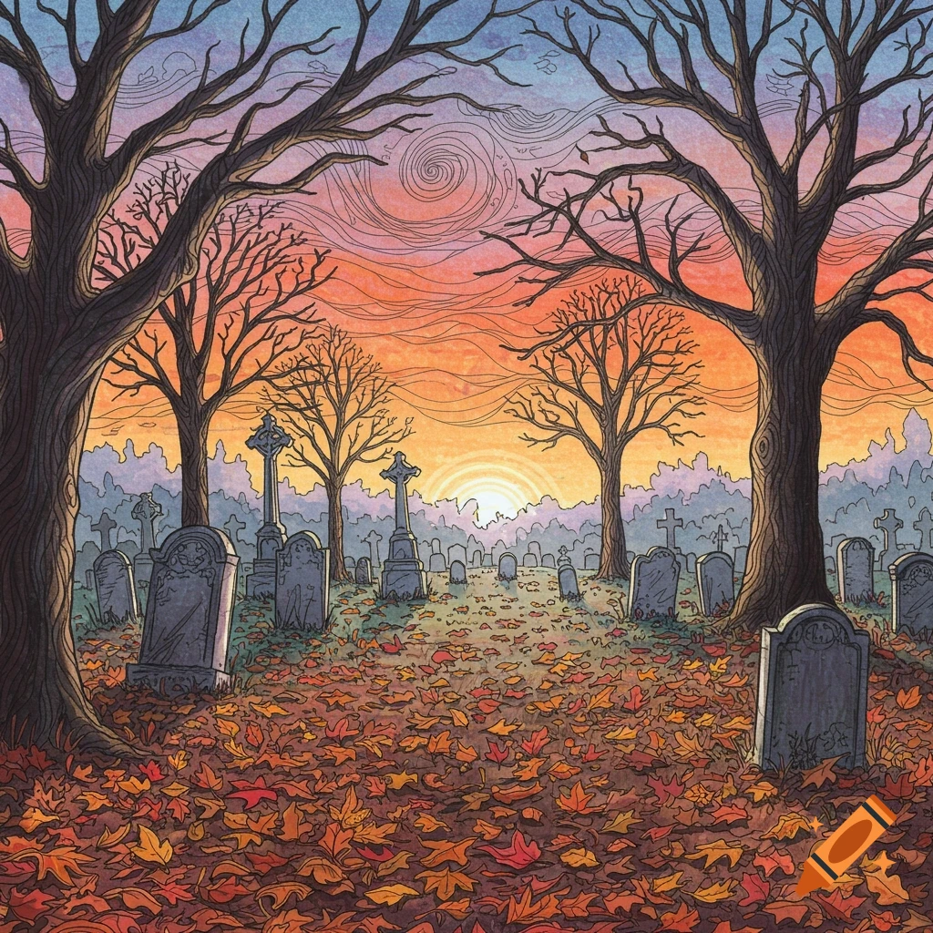 A vibrant watercolor line drawing of an autumn cemetery with bare trees, gravestones, and fallen leaves under a psychedelic sunset sky.