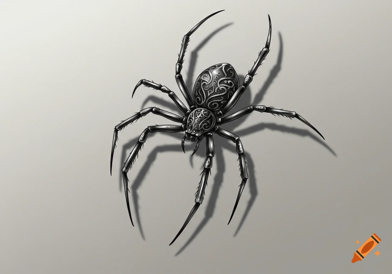 A detailed, stylized black spider with ornate patterns on its back, casting a shadow on a light background.