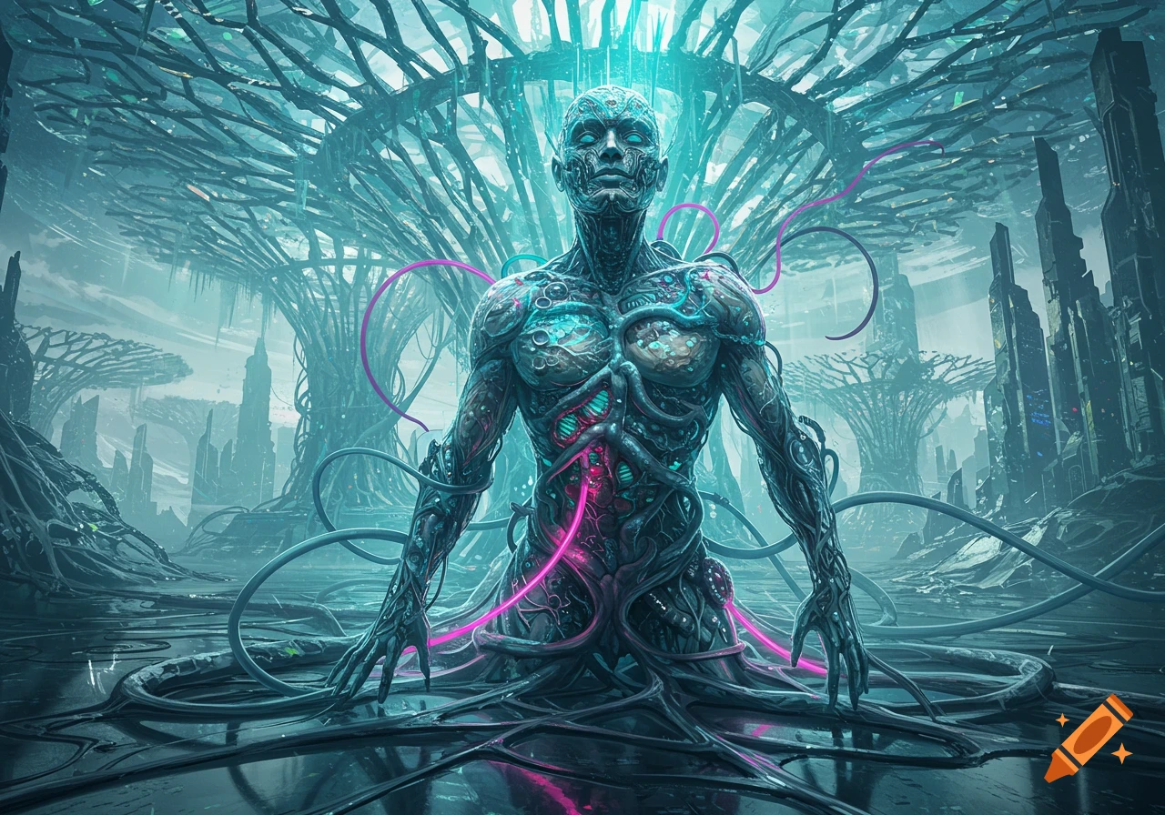 A glowing, humanoid biomechanical figure stands in a futuristic, overgrown city of roots and wires, with neon accents.