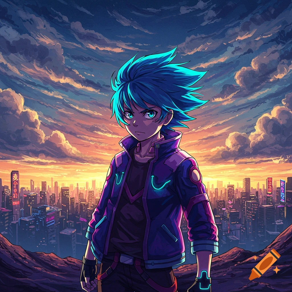 Vibrant anime illustration of a blue-haired boy in glowing cyberpunk attire, standing before a futuristic city skyline at sunset.