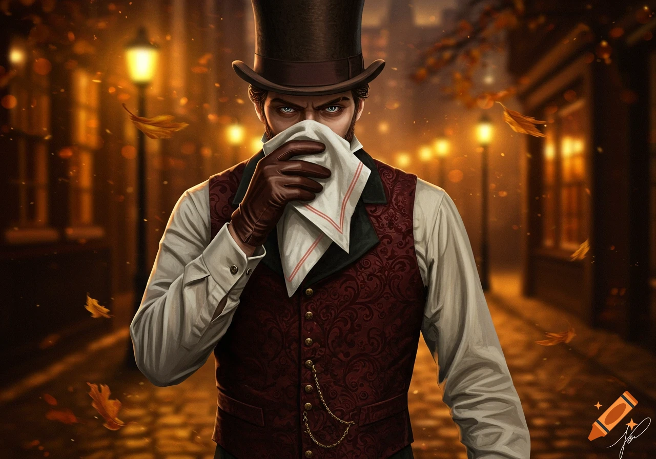 Digital painting of a dandy in a top hat and vest holding a handkerchief to his mouth, staring intensely on a gaslit autumn street.