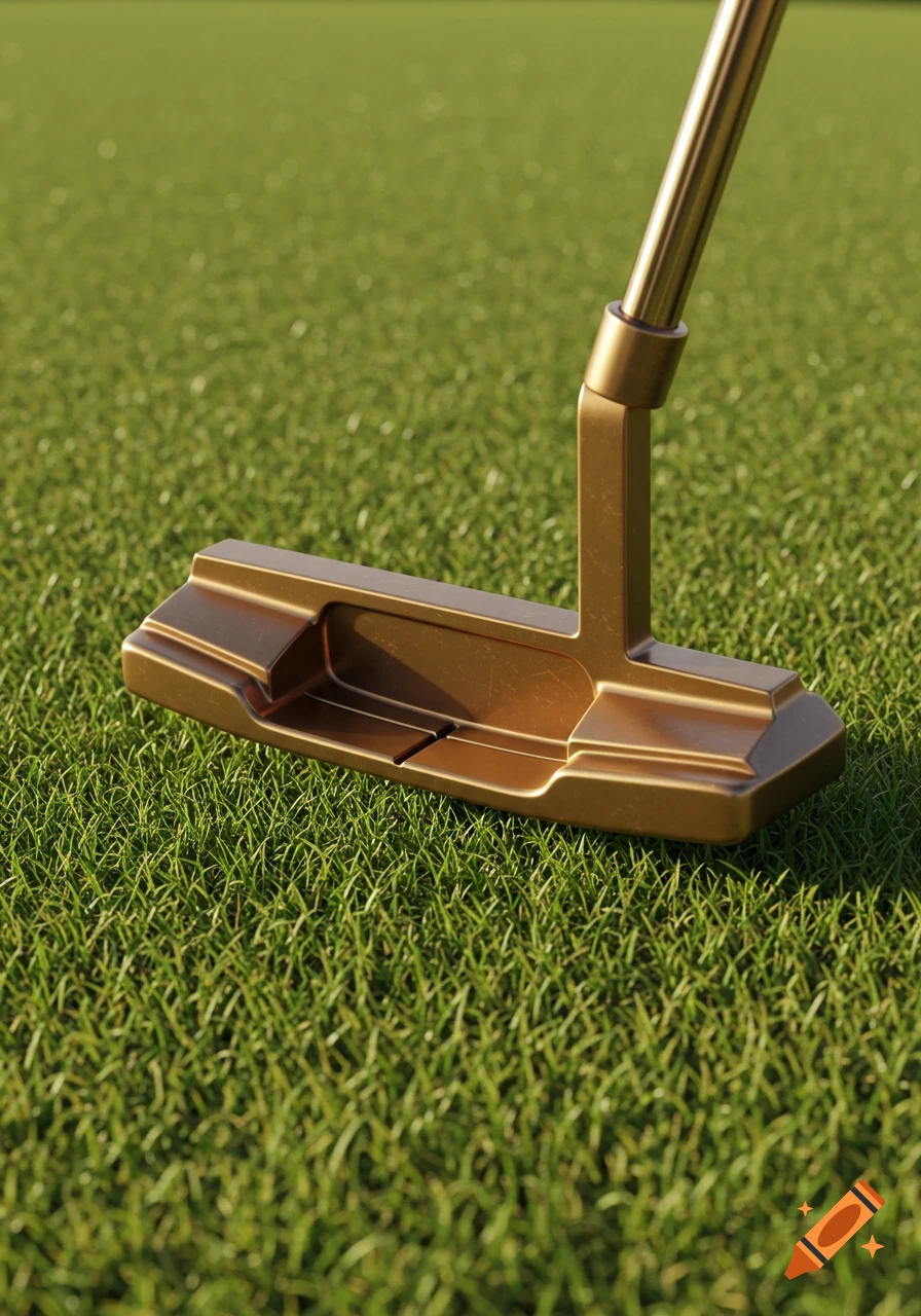 A close-up shot of a bronze-colored mallet golf putter with a ball pickup feature, resting on vibrant green grass.