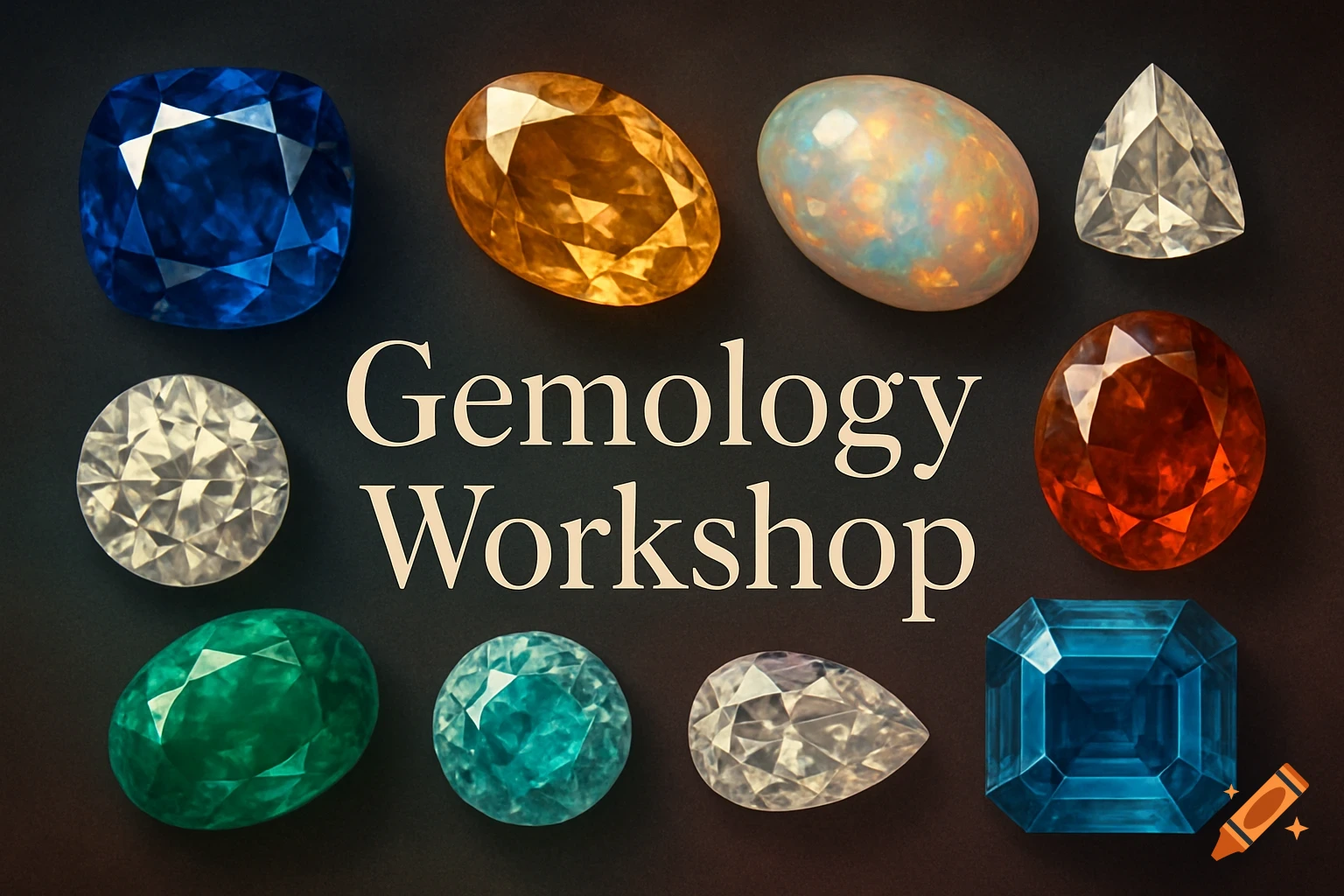 A collection of colorful, faceted gemstones of various cuts surrounding the text 'Gemology Workshop' on a dark background.