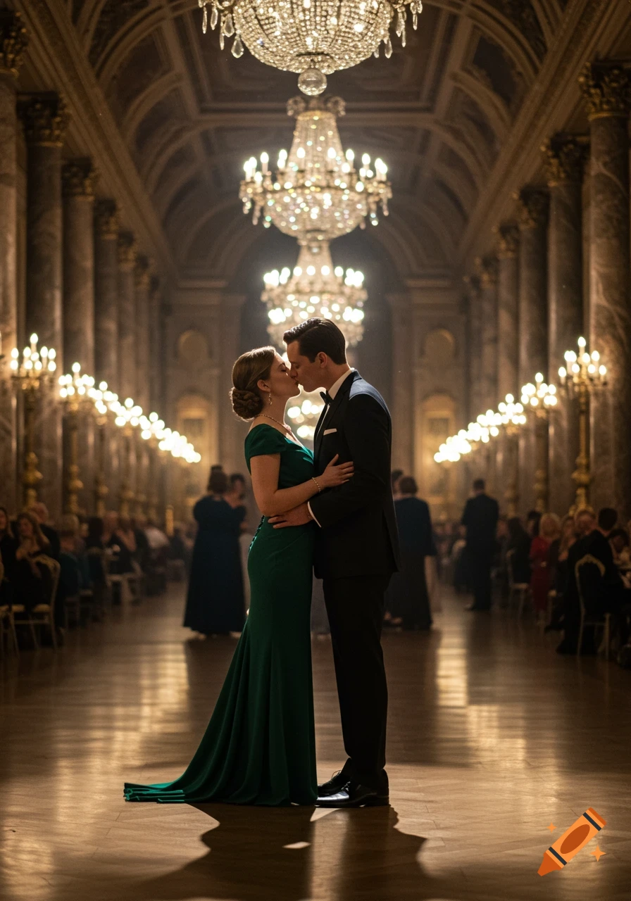 A couple in formal wear kisses under glittering chandeliers in a grand ballroom.