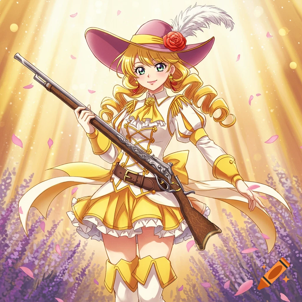 Anime girl with blonde hair, pink hat, and white and yellow outfit, holding a rifle in a lavender field with golden light.