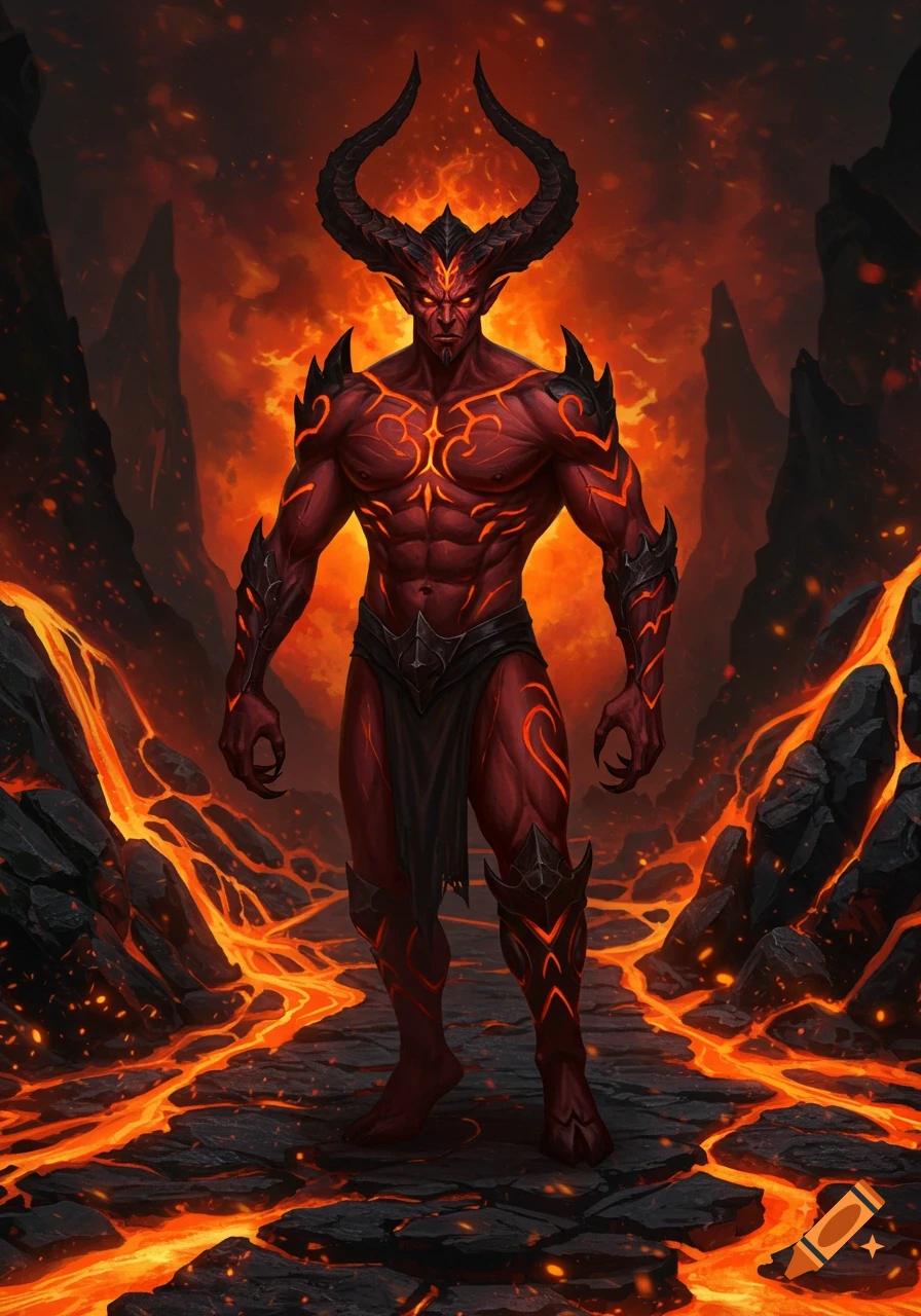 Muscular red demon with glowing fiery patterns and large black horns stands on a lava-filled, rocky hellscape, digital painting.