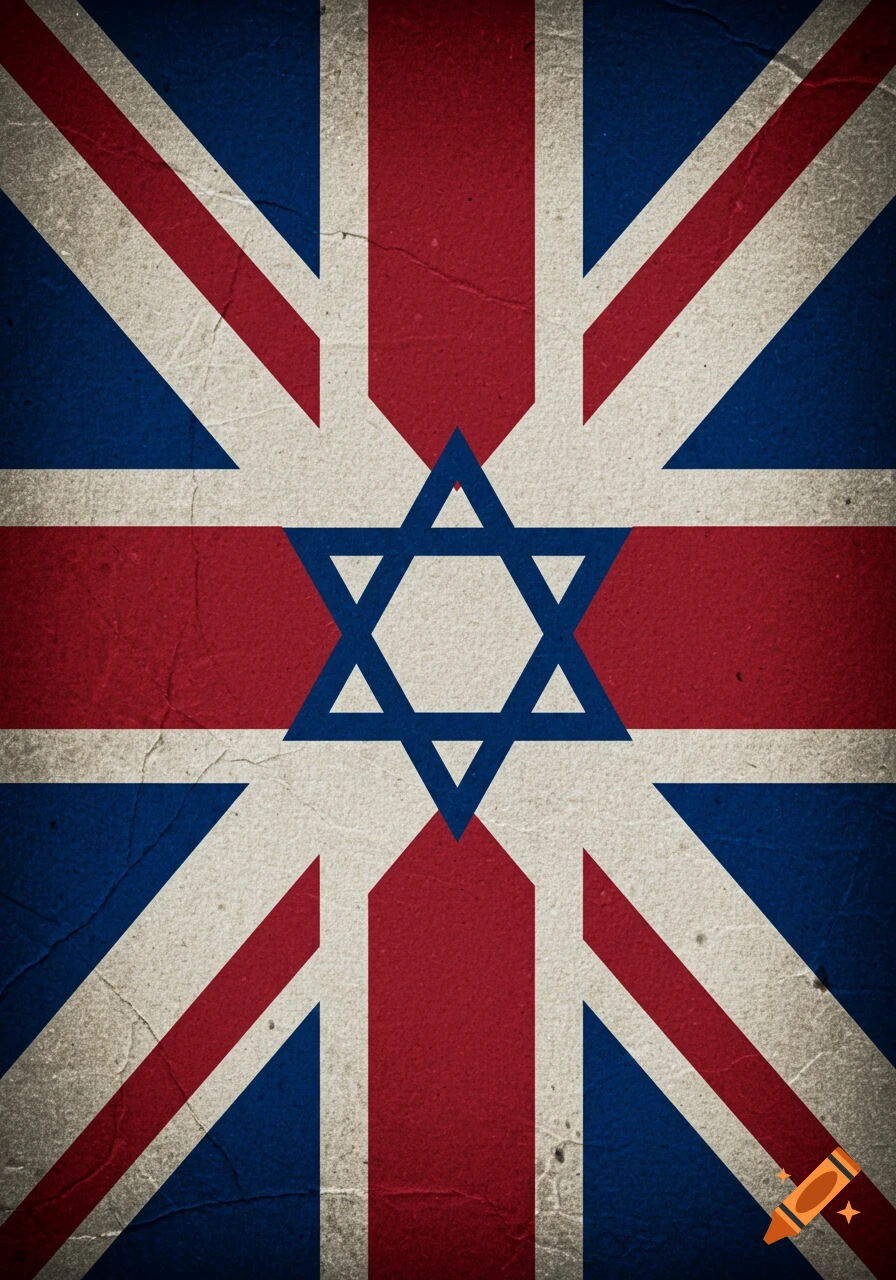 A distressed Union Jack flag with a blue Star of David superimposed in the center.