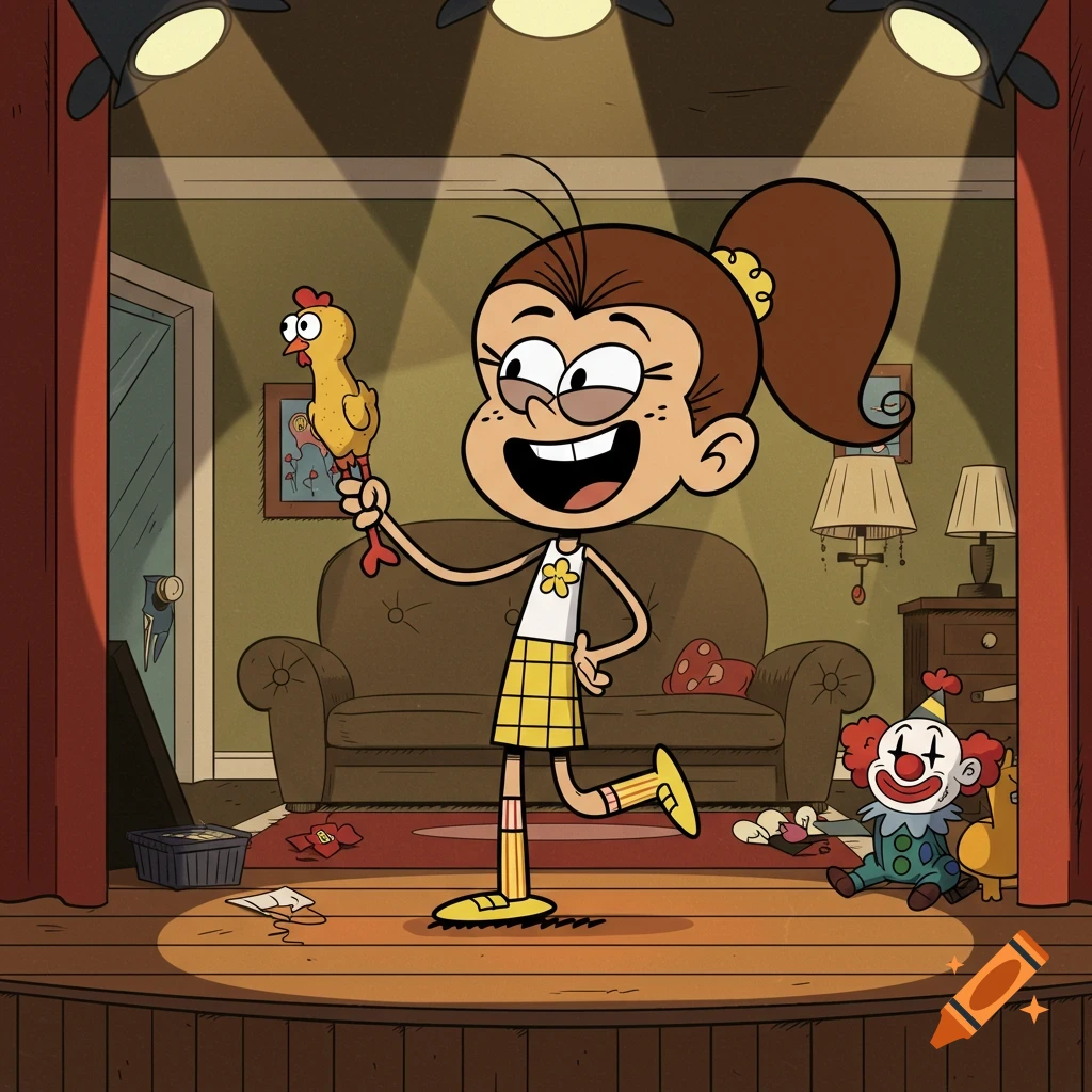 Luan Loud from The Loud House, a brown-haired girl in a yellow plaid skirt, stands on a stage holding a rubber chicken, with a clown prop nearby.