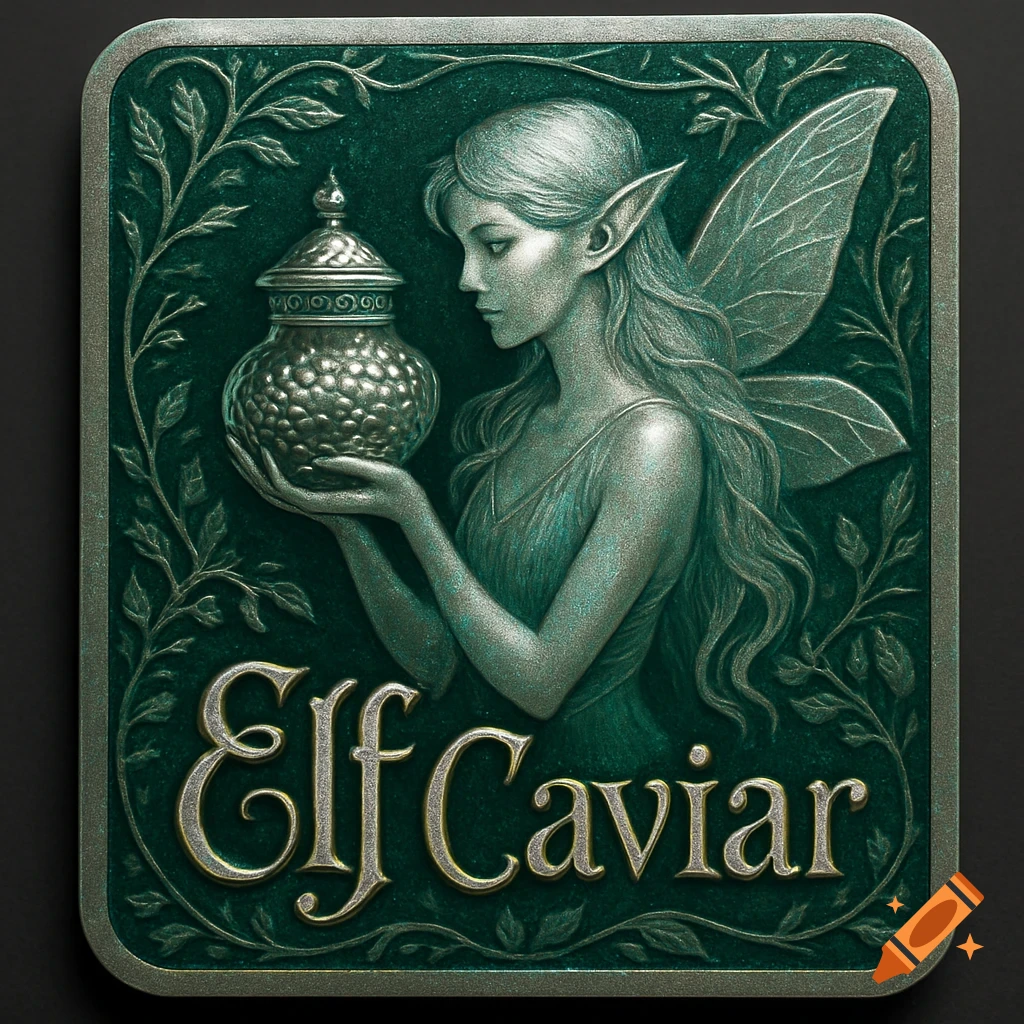 An embossed green label featuring a profile of an elf-like woman with wings holding a lidded jar, with the text "Elf Caviar" below.