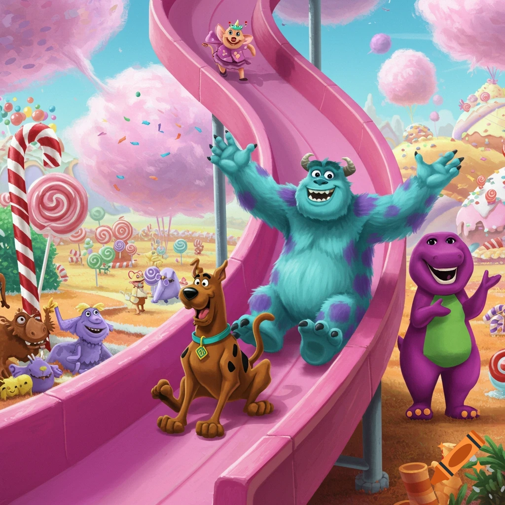 Scooby-Doo, Sully, and Barney slide down a magenta slide in a vibrant, whimsical candy land, surrounded by lollipops and cotton candy.