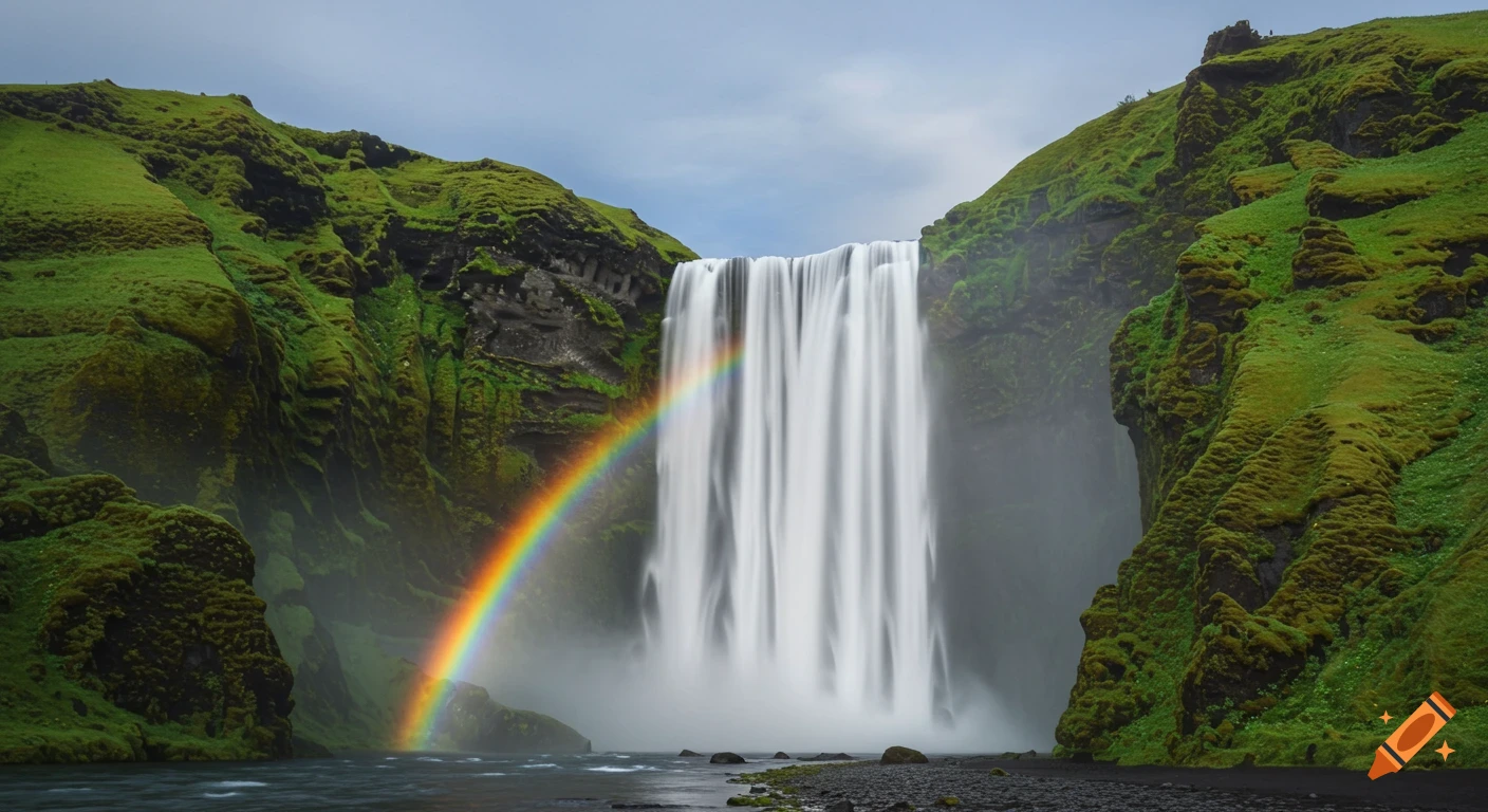 Dramatic photorealistic view of Skógafoss waterfall with a vivid rainbow and rising mist, flanked by lush green cliffs.