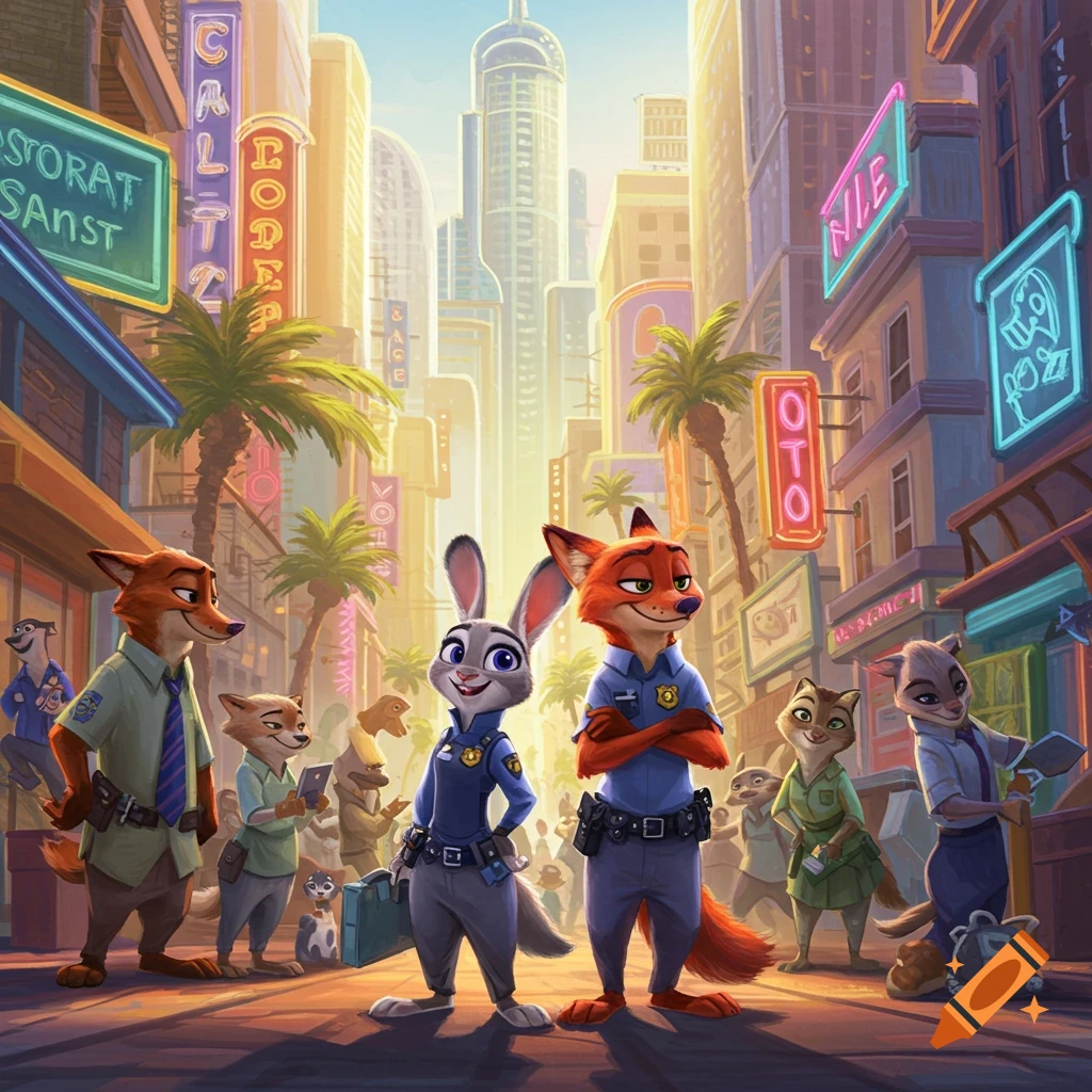 Judy Hopps and Nick Wilde in police uniforms stand in a bustling Zootopia city street with other anthropomorphic animals.