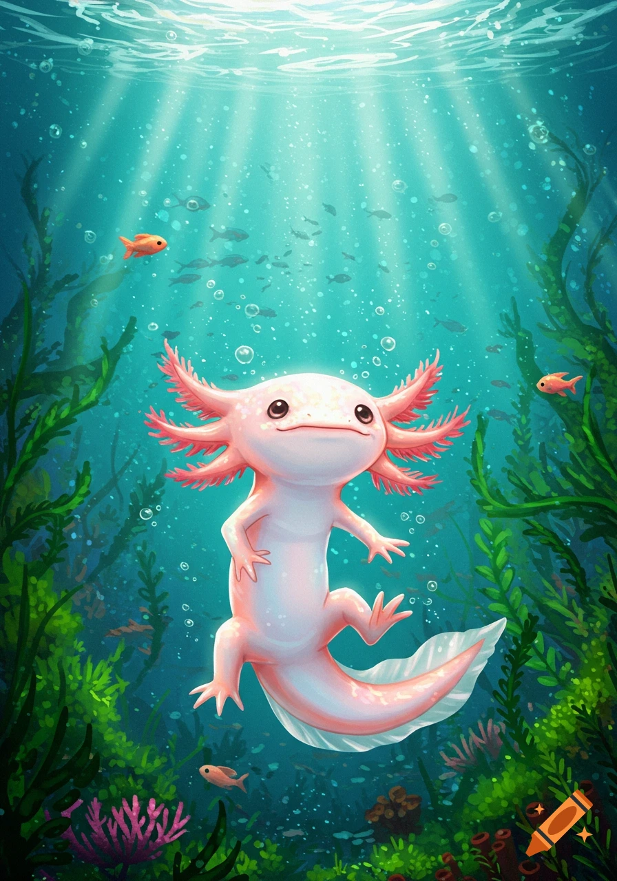 A cute pink axolotl swims underwater among green seaweed and small fish, with rays of light shining from the surface, in an illustration.