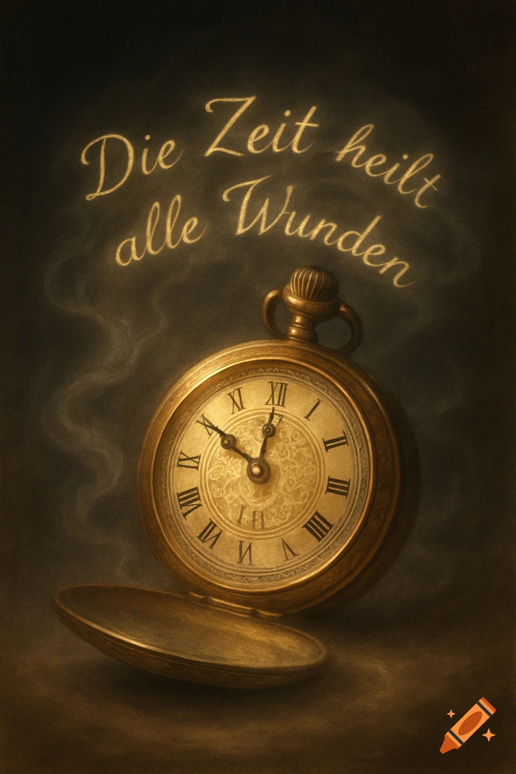 A vintage golden pocket watch with its lid open, showing the time around 1:05. Above it, elegant golden script reads "Die Zeit heilt alle Wunden" against a dark, smoky background.