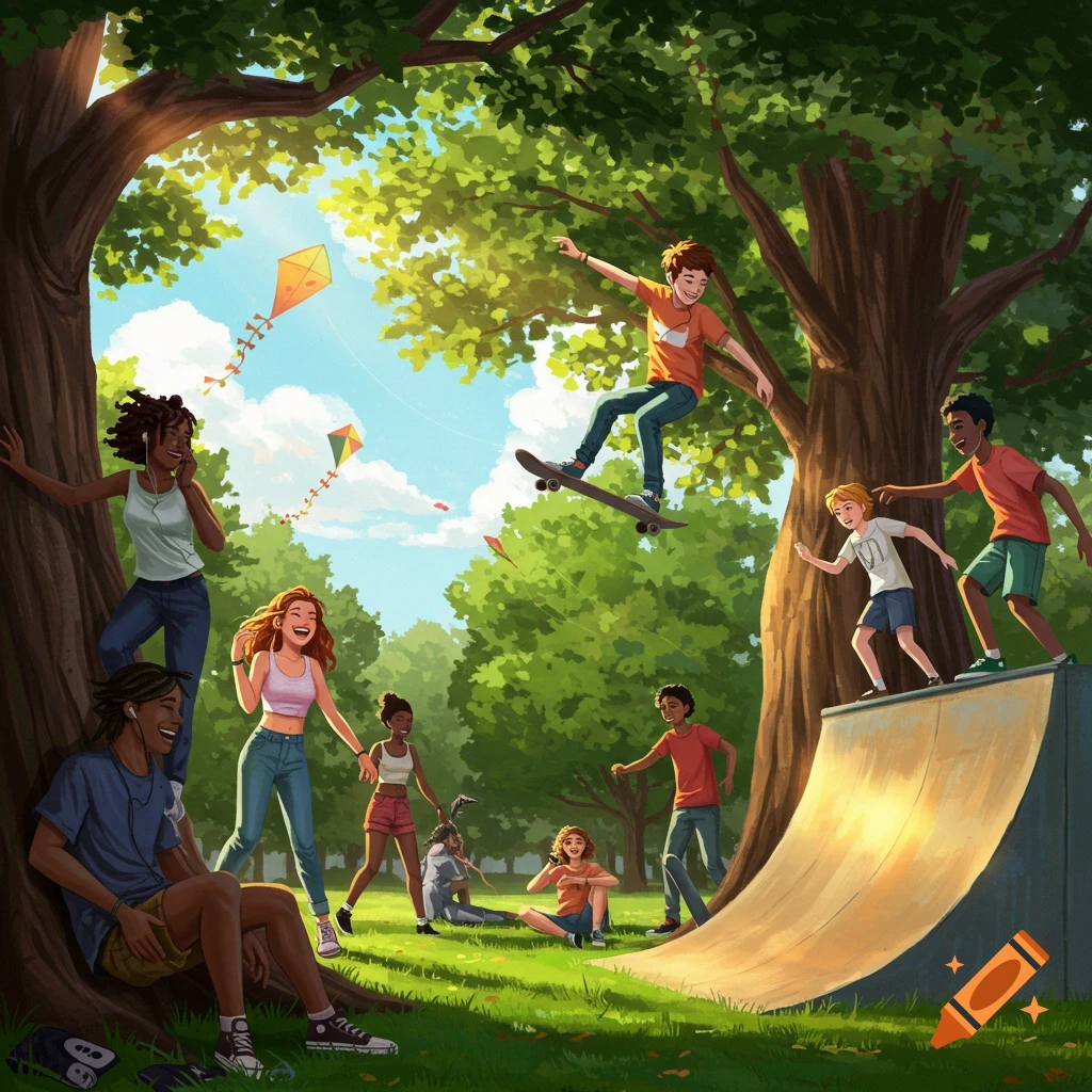 Illustrated scene of diverse teenagers skateboarding, flying kites, and relaxing in a sunny park with large trees.