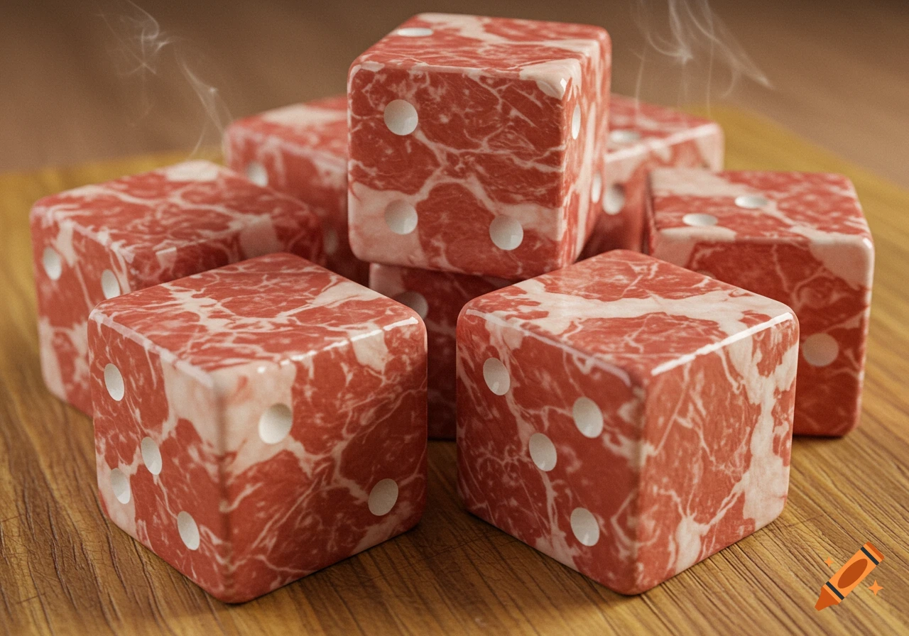 Photorealistic image of several dice with a marbled ham texture, subtly steaming on a wooden table.