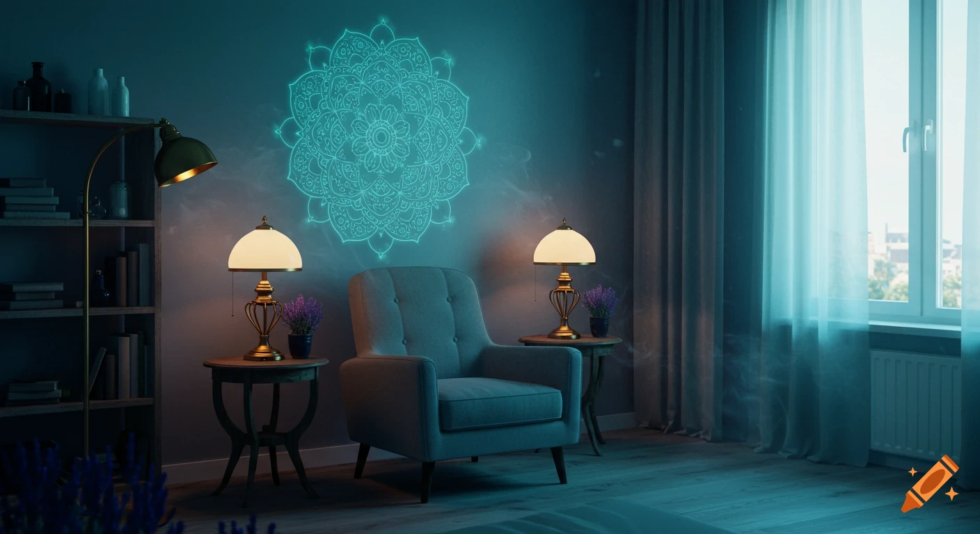 A serene room with a teal armchair, glowing mandala on the wall, lamps, and a window with sheer curtains, in a calming, atmospheric light.