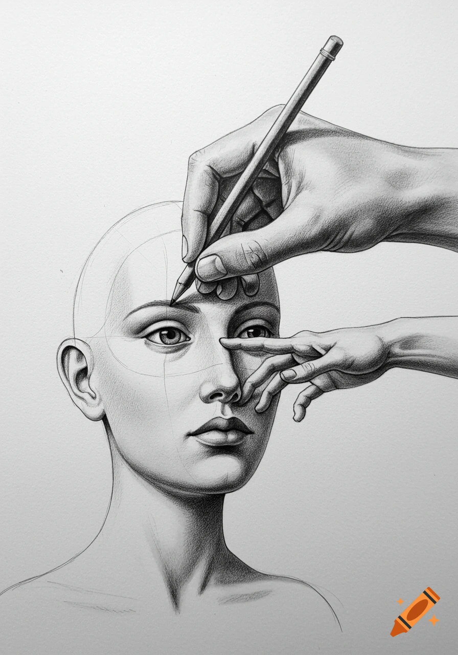 Detailed pencil drawing showing a large hand sketching a woman's head, while a smaller hand emerges from her face.