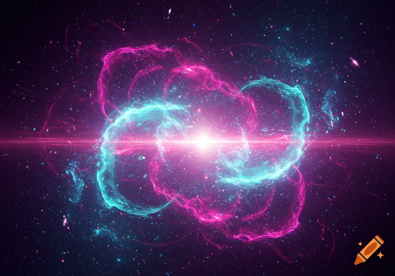 A vibrant abstract space scene with a bright central light, pink and cyan nebulae, and scattered light particles against a dark cosmic background.