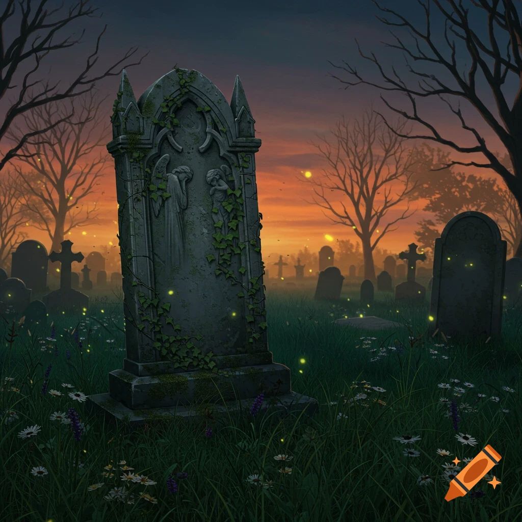 An illustrative 2D graveyard scene at dusk with a large mossy tombstone, glowing fireflies, and bare trees against an orange sky.