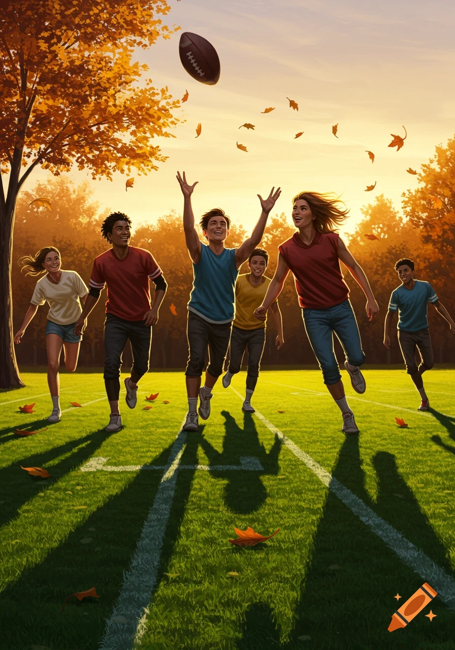 Illustrated group of friends playing football on a grassy field during a warm autumn sunset, with one person jumping to catch the ball.