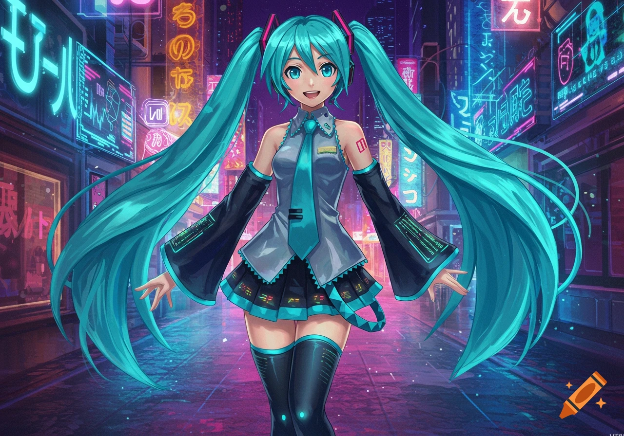 Hatsune Miku, an anime character with long turquoise pigtails, smiles in a vibrant neon-lit cyberpunk city street.
