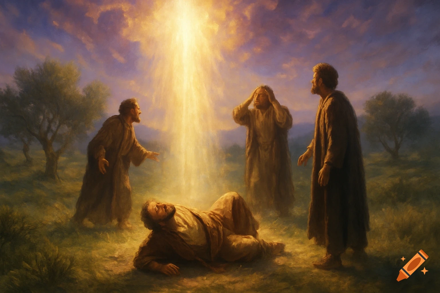 A dramatic painting depicts men in ancient robes reacting to a powerful light beam from the sky, one man lies on the ground in a field.