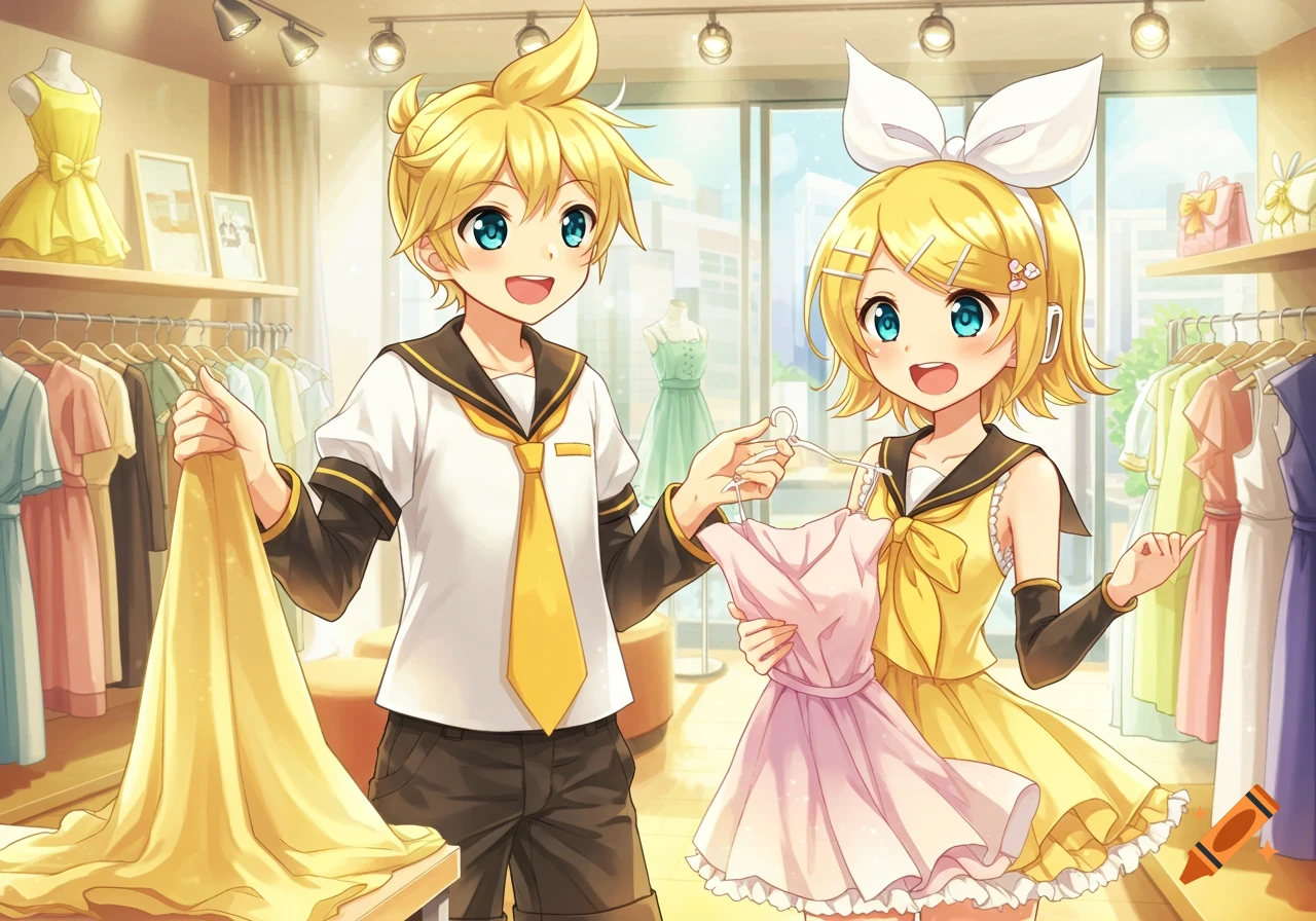 Kagamine Len and Rin smiling while shopping for dresses in a brightly lit anime-style clothes store.