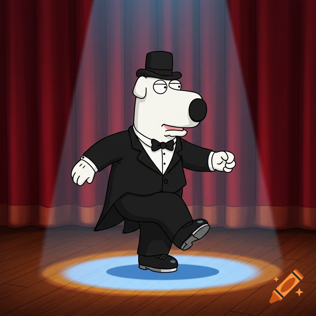Brian from Family Guy in a tuxedo, top hat, and tap shoes, tap dancing on a stage under a spotlight.