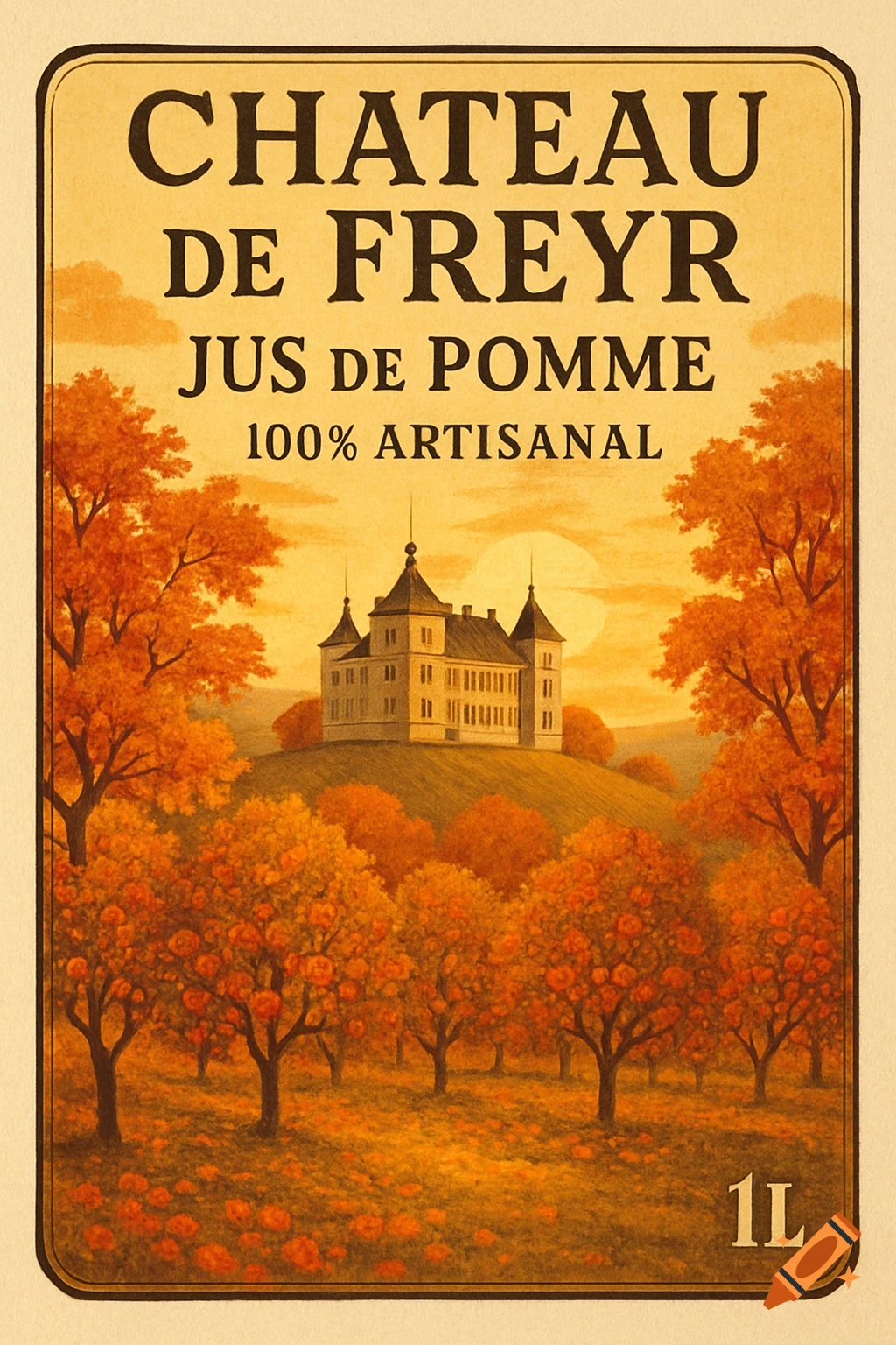 Vintage-style label for 'CHATEAU DE FREYR JUS DE POMME 1L' with a château, autumn trees, and a sunset.