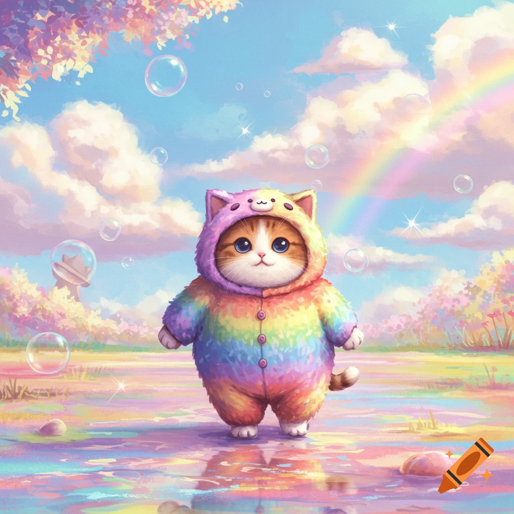 A cute cat in a rainbow animal onesie stands in a puddle, surrounded by bubbles, a rainbow, and pastel trees under a blue sky.