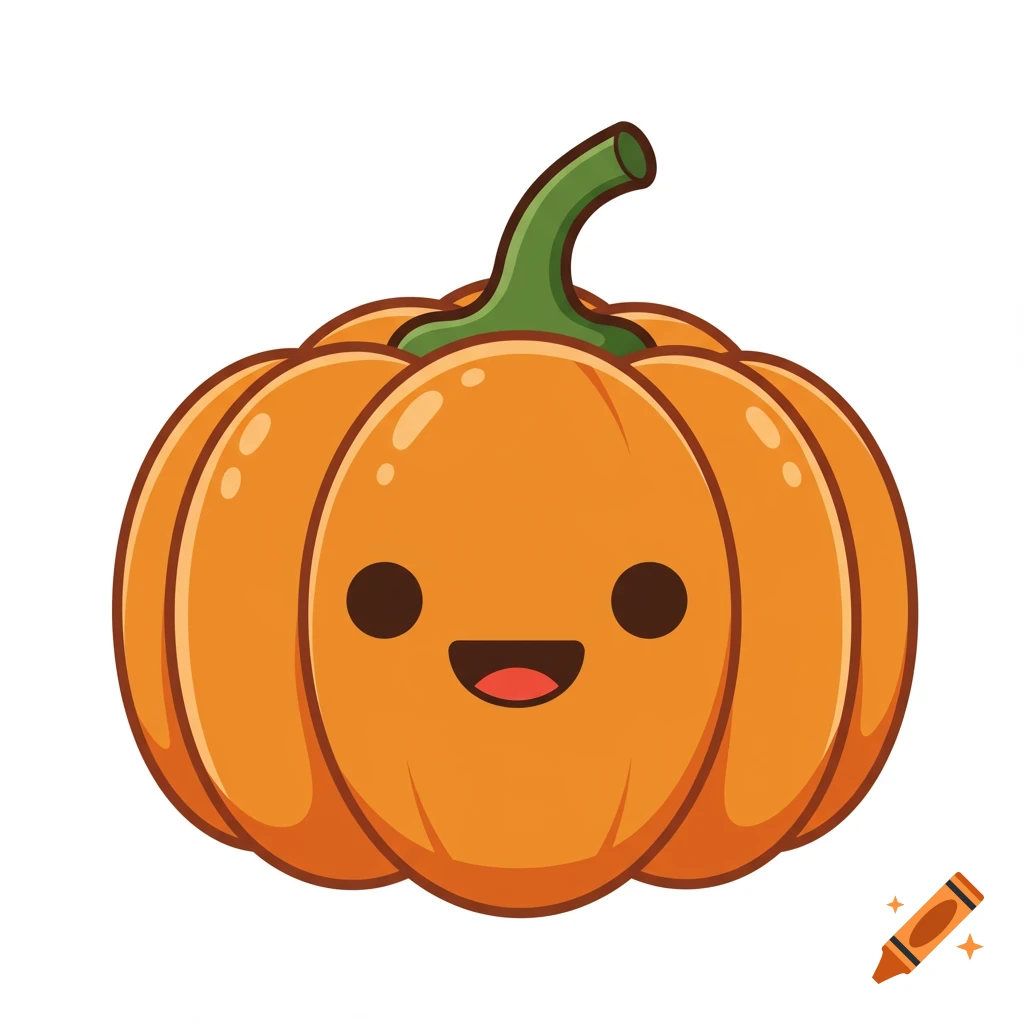 A cute cartoon illustration of an orange pumpkin with a happy face and a green stem on a white background.