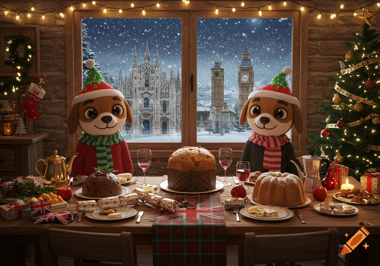 Two cartoon dog mascots in festive hats and scarves sit at a Christmas dinner table laden with food, looking out a window at a snowy scene with Milan Duomo and Big Ben.