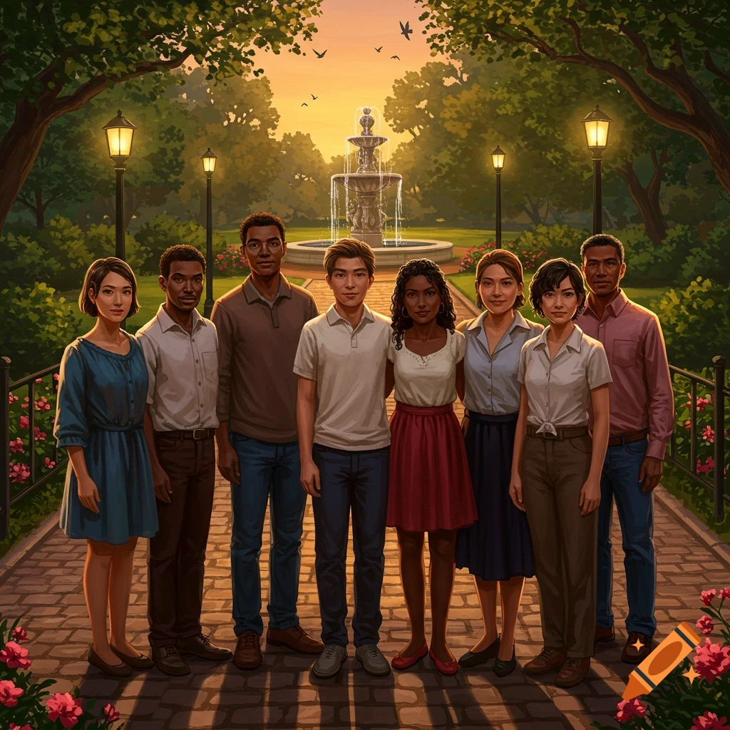 A diverse group of eight young adults stands on a brick path in a lush park at sunset, with a fountain and trees in the background.