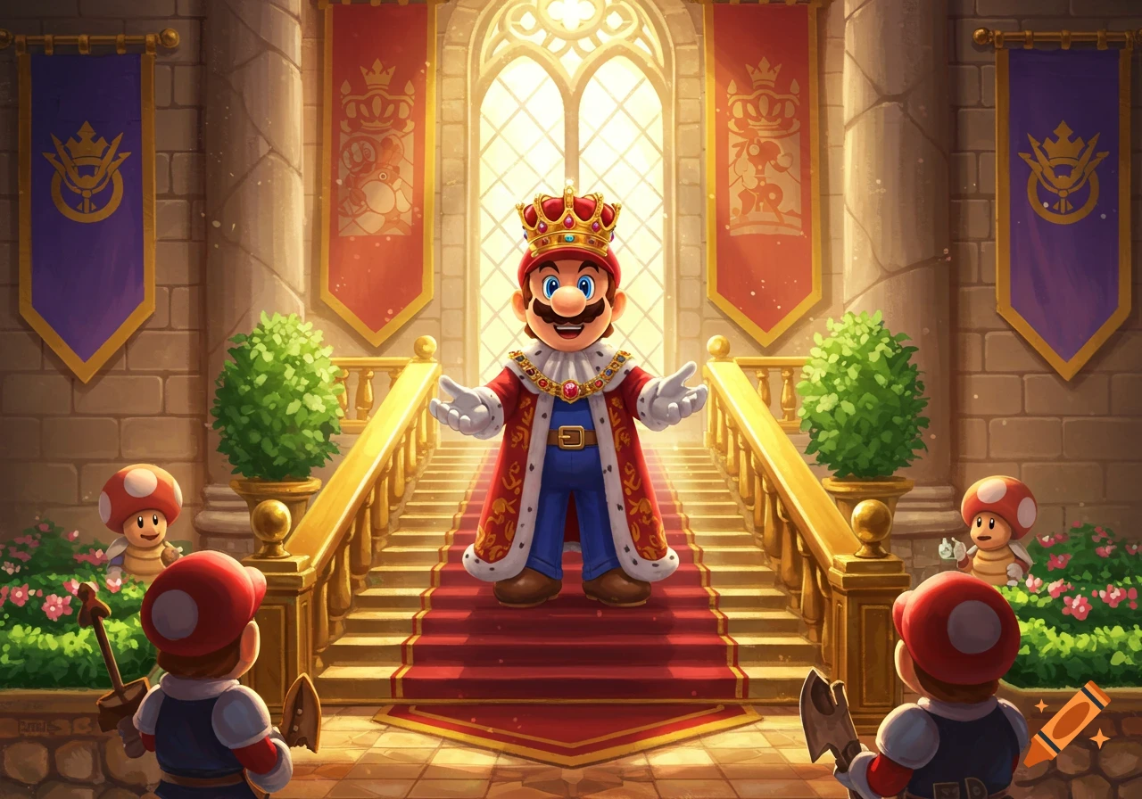 King Mario, in crown and royal robe, stands at the top of a grand castle staircase, welcomed by Toads. Stylized illustration.