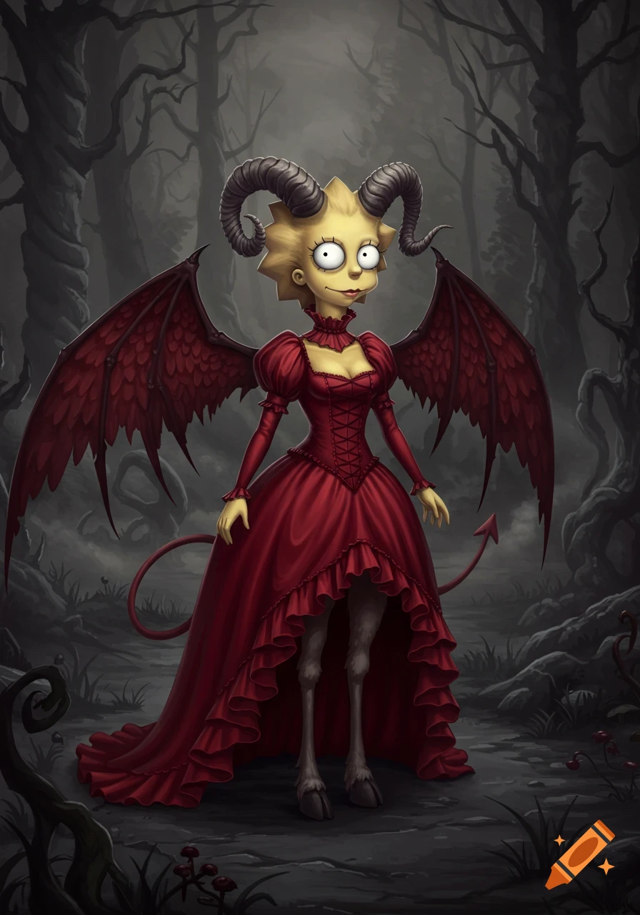A dark fantasy depiction of Lisa Simpson in a red gothic dress, with horns, bat wings, a devil tail, and goat legs, standing in a creepy forest.