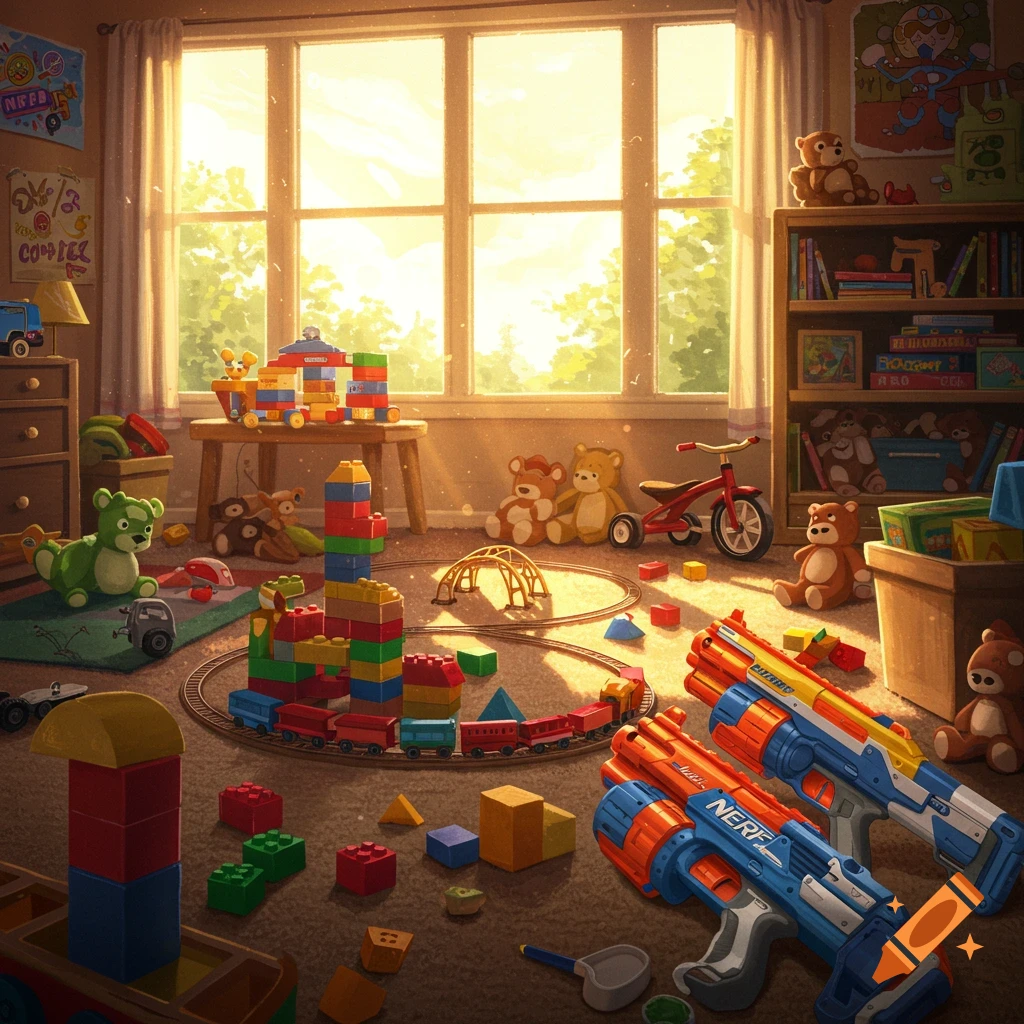 A brightly lit child's room filled with colorful toys, including Lego blocks, a train set, teddy bears, and two Nerf guns on the carpet.