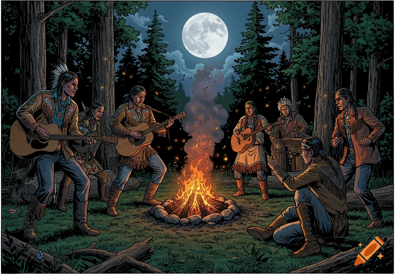 Comic book illustration of a Native American band playing guitars and drums around a bonfire in a forest under a full moon.