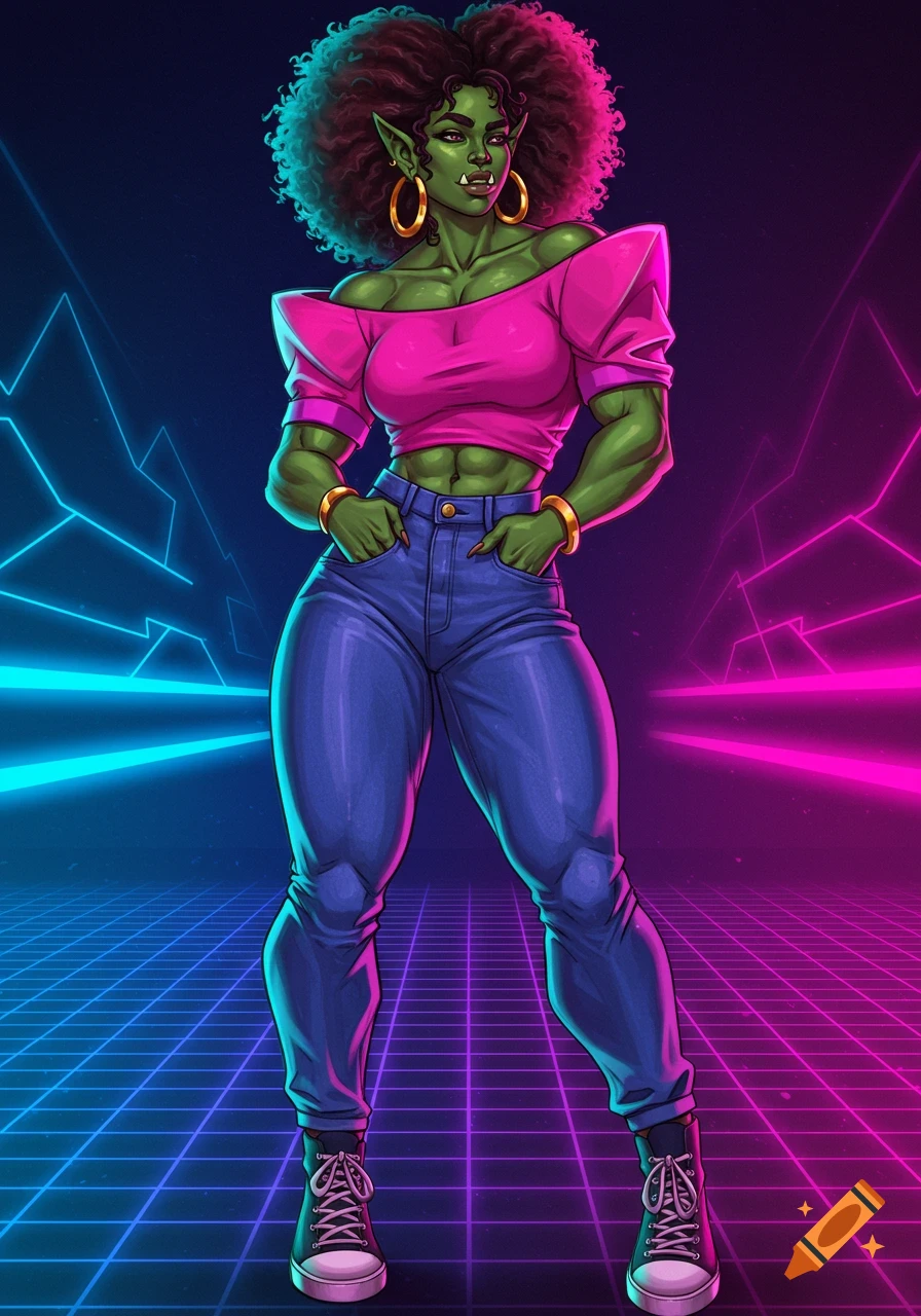 Stylized illustration of a muscular female orc in 1980s attire with a pink top and blue jeans, against a neon synthwave grid.