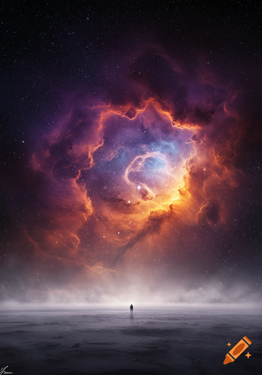 A lone figure stands on a misty, dark ground, gazing up at a vibrant orange and purple nebula in a star-filled night sky.